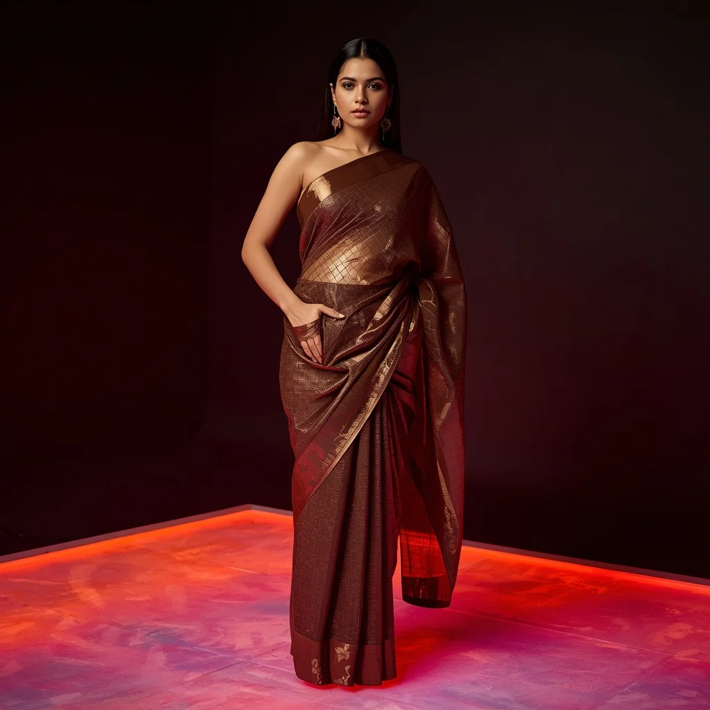 Bronze Metallic Mesh Saree – Hands-in-Pockets Pose with Glowing Neon Floor | Gemini Ai Prompt