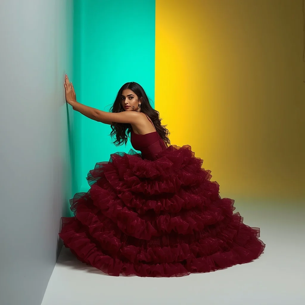 Burgundy Micro-Ruffle Saree – Wall Slide Pose with Split Teal and Yellow Light | Influencers Ai Prompt