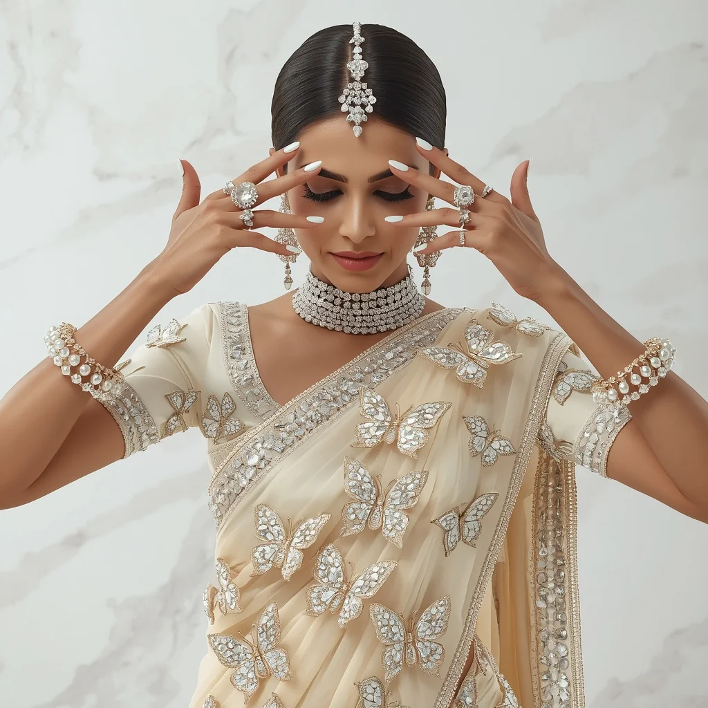 Buttercream 3D Butterfly Rhinestone Saree | Poised Hands Framing Face Pose | Image Prompt