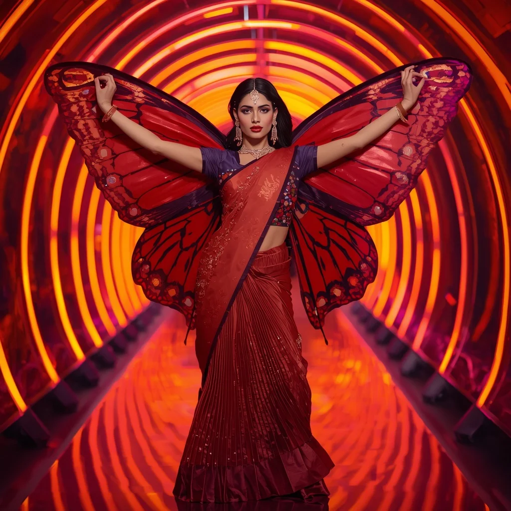 Butterfly Lava Mirror Saree with Curved Fire Corridor | Instagram Influencer Ai Prompt