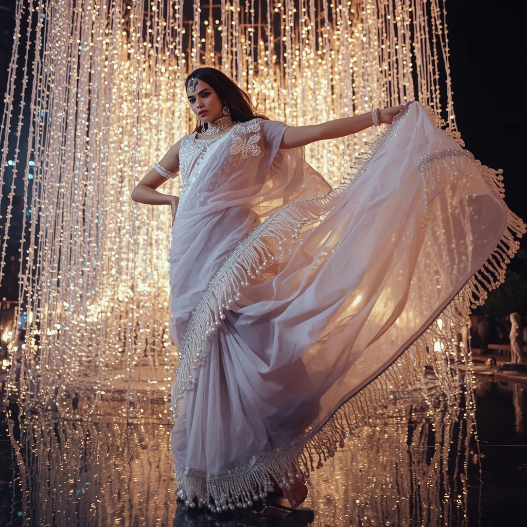 Butterfly Pearl Cascade Saree with Floating Water Lights | Ai Art Prompt