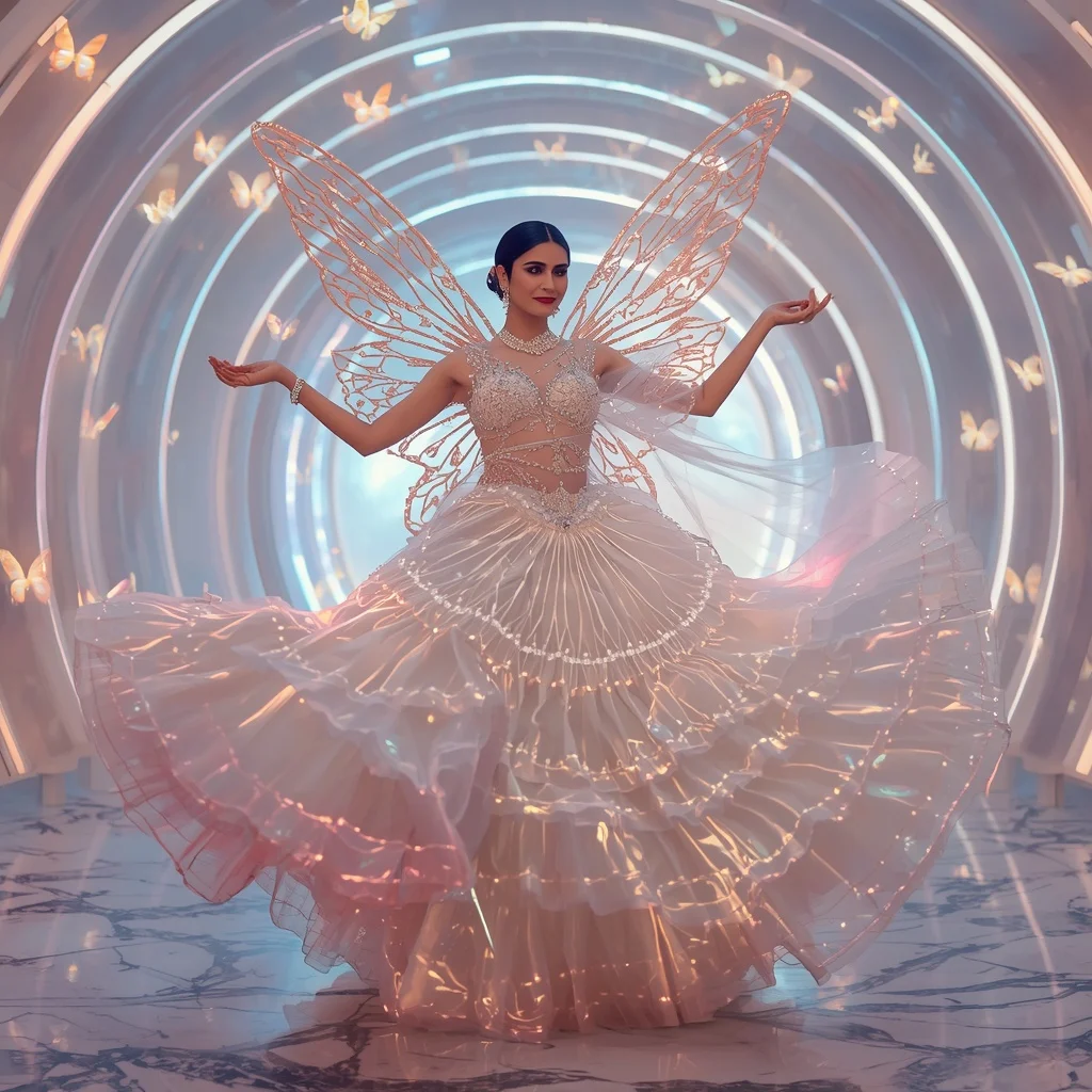Butterfly Pearl Fantasy Saree with Curved Crystal Ballroom | Realistic Ai Prompt