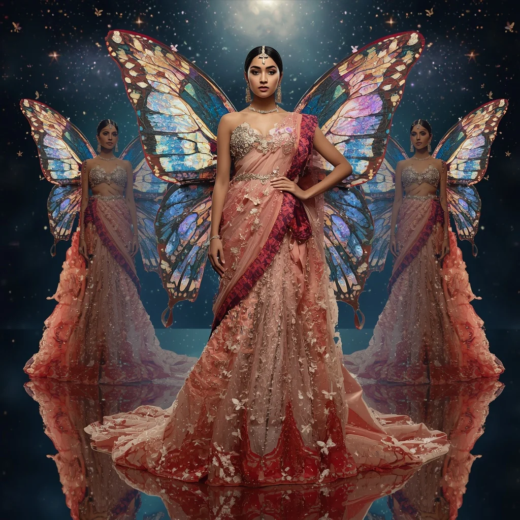 Butterfly Queen Couture Evolution Saree with Infinity Mirror Galaxy Background | Secret Ai Prompt