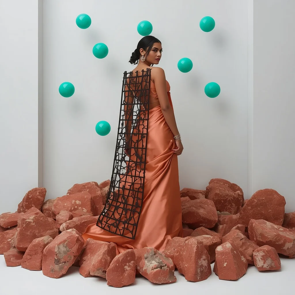 Cast-Iron Geometric Vine Grill & Dense Jasper Rock Formations Pastel Terracotta Saree | Back-Facing Shoulder Glare Pose | Realistic Ai Prompt