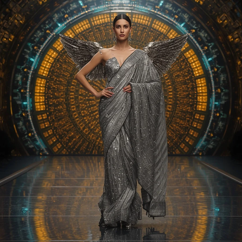 Celestial Hypernova Singularity Apex Armor Runway Saree with Quantum Hyperloop Sphere Engine Core Nexus Collapse Reactor Field System Dome | Instagram Carousel Ai Prompt