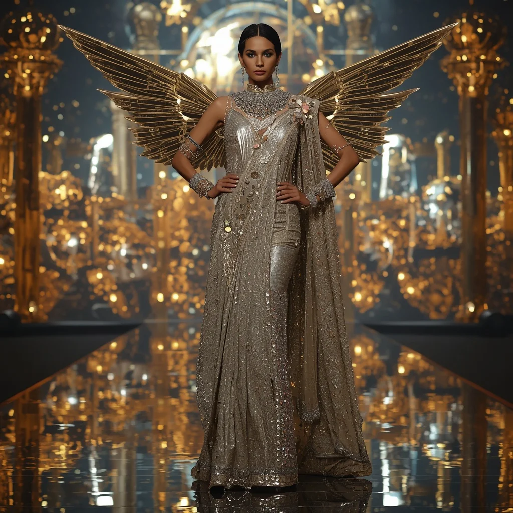 Celestial Hypernova Singularity Apex Runway Infinity Armor Saree with Quantum Hyperloop Sphere Engine Nexus Collapse Reactor Field | Gemini Photo Prompt