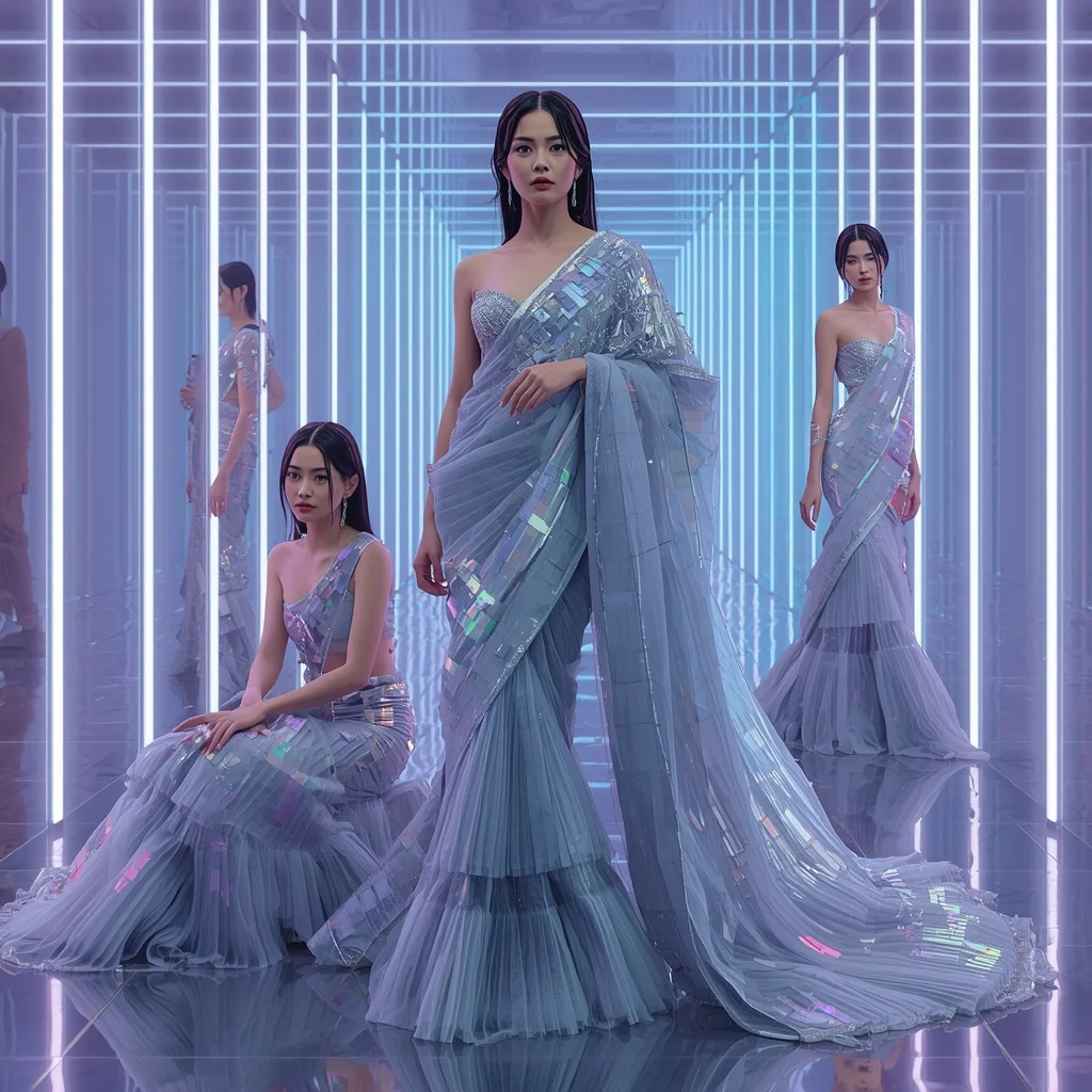 Celestial Ice Mirage Saree with Neon Aurora Corridor | Instagram Profile Pic Ai Prompt