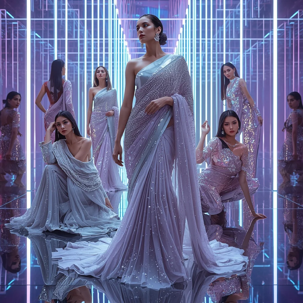 Celestial Ice Prism Saree with Neon Aurora Hall | Ai Selfie Prompt