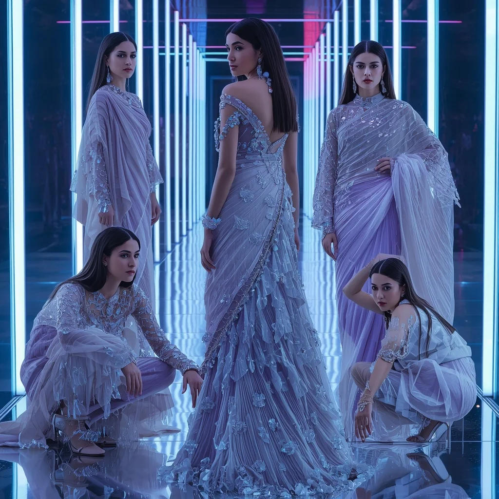 Celestial Ice Prism Saree with Neon Aurora Hall | Instagram Viral Photo Ai Prompt