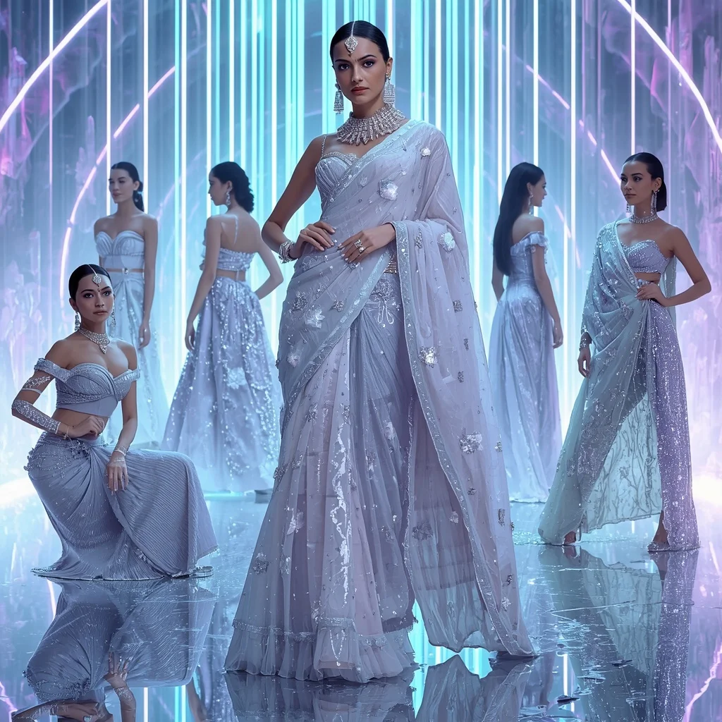 Celestial Ice Prism Saree with Neon Aurora Infinity Crystal Sanctuary | Ai Photo Editing Prompt
