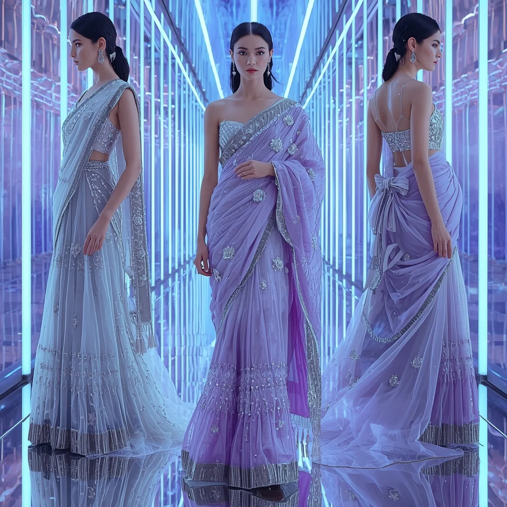 Celestial Ice Prism Saree with Neon Aurora Infinity Palace | Prompt Image