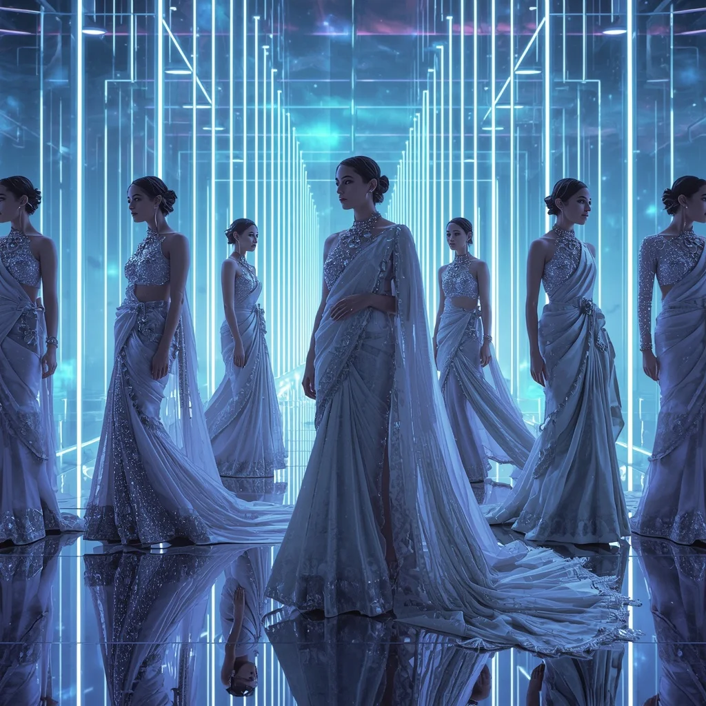 Celestial Ice Prism Saree with Neon Aurora Infinity Sanctuary | Beautiful Woman Ai Prompt