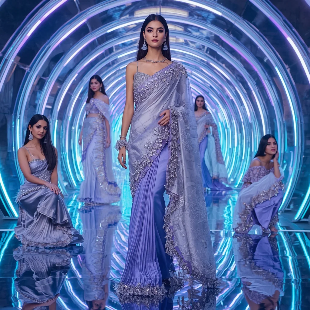 Celestial Ice Prism Saree with Neon Aurora Infinity Tunnel | Character Design Ai Prompt