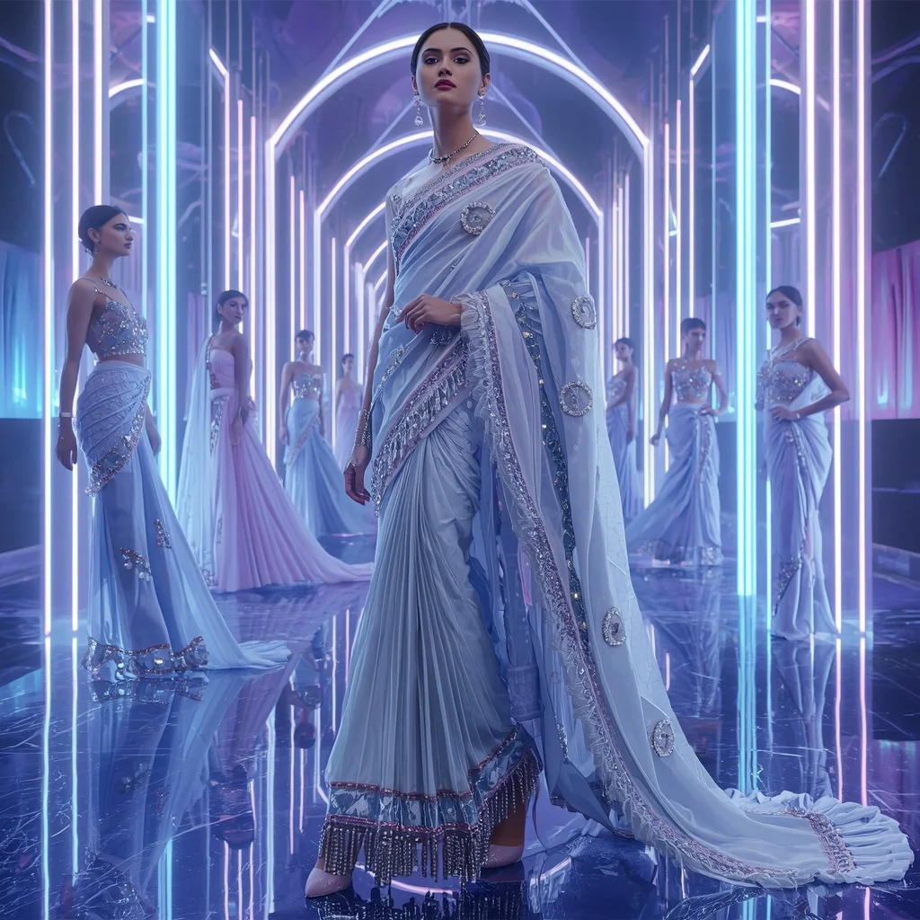 Celestial Ice Prism Saree with Neon Aurora Orbit Temple | Instagram Reel Ai Prompt
