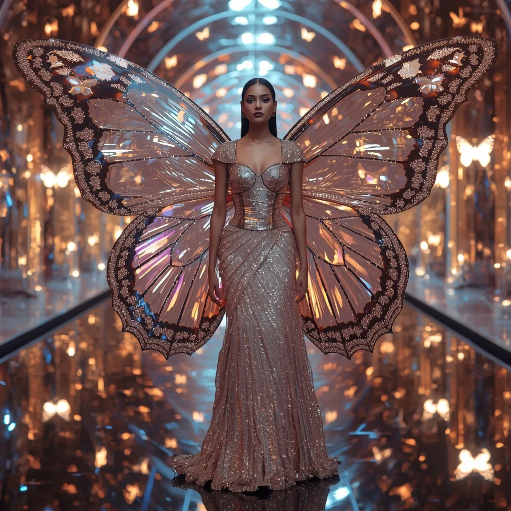 Celestial Mirror Butterfly Saree with Infinity Reflection Palace Background | Influencers Ai Prompt