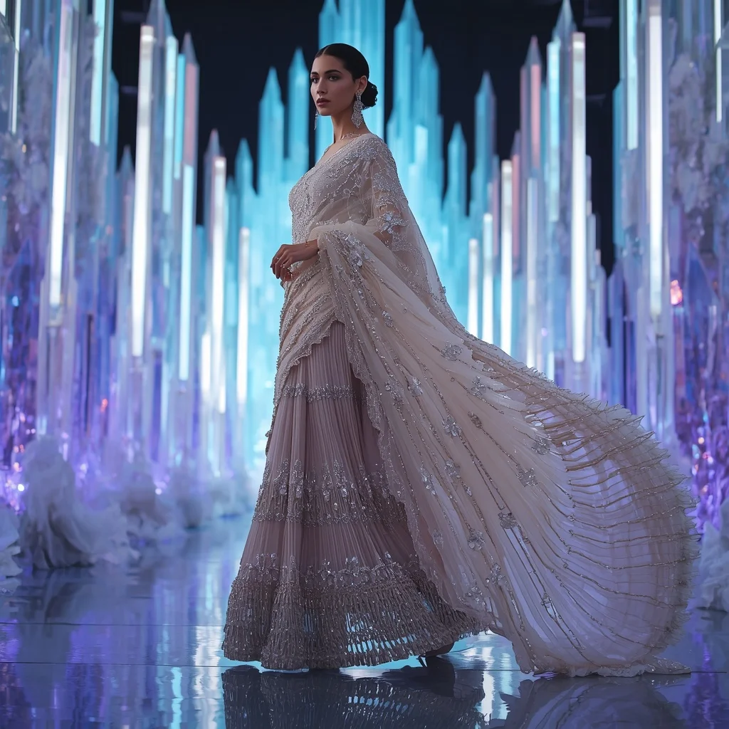 Celestial Moonstone Flame Saree with Infinity Neon Crystal Fortress | Gemini Photo Editing Prompt