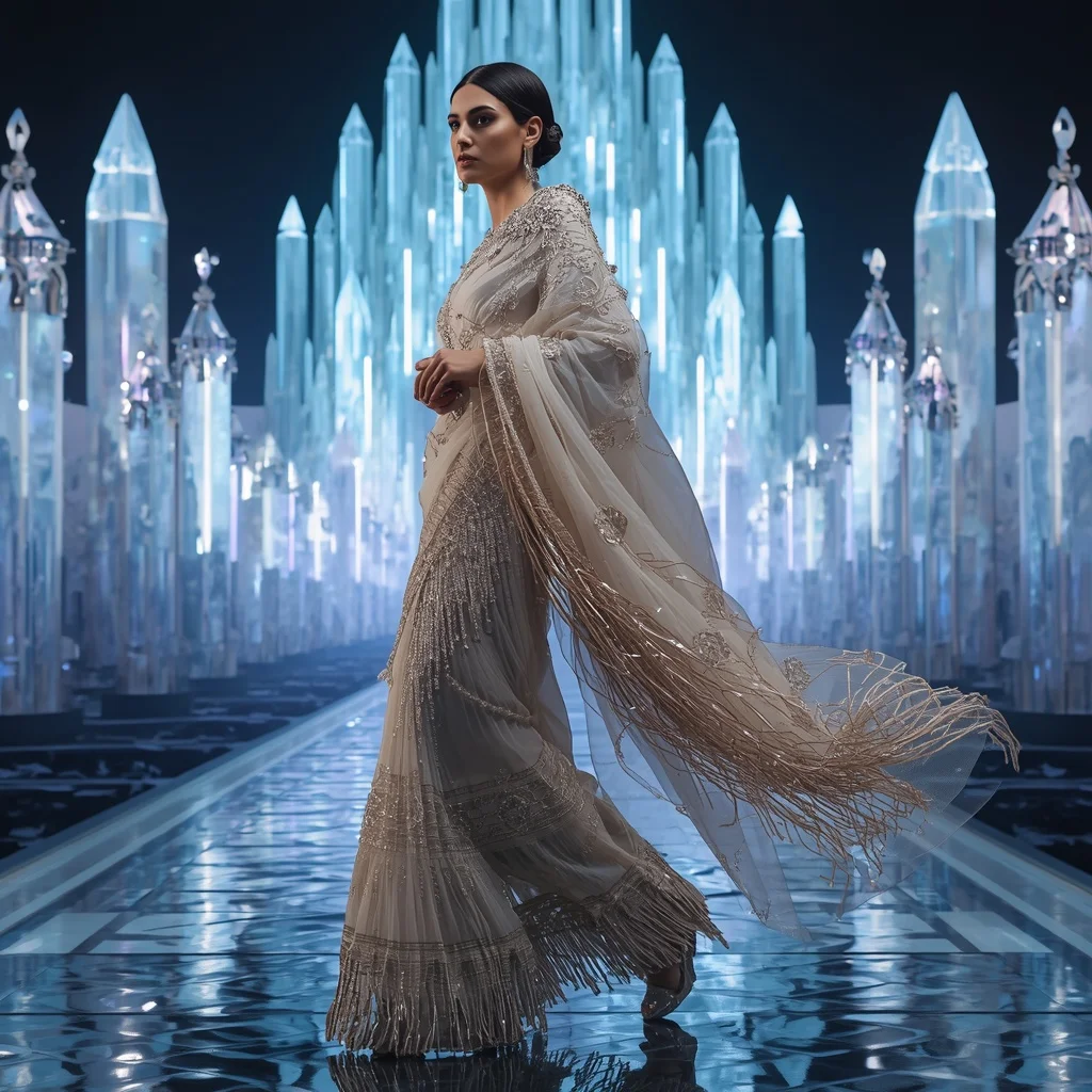 Celestial Moonstone Mirage Saree with Infinity Neon Crystal Citadel | Happy Ai Prompt