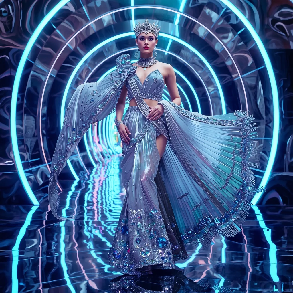 Celestial Prism Queen Saree with Floating Neon Infinity Temple | Cinematic Ai Prompt