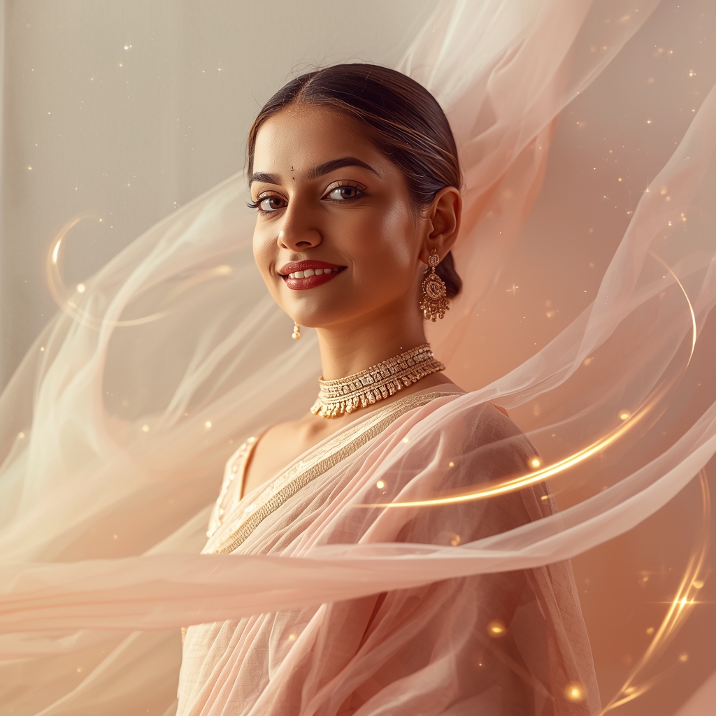 Celestial Pulse Halo Flow Pastel Saree Indian Woman Premium Composition | Bridal Saree Ai Prompt
