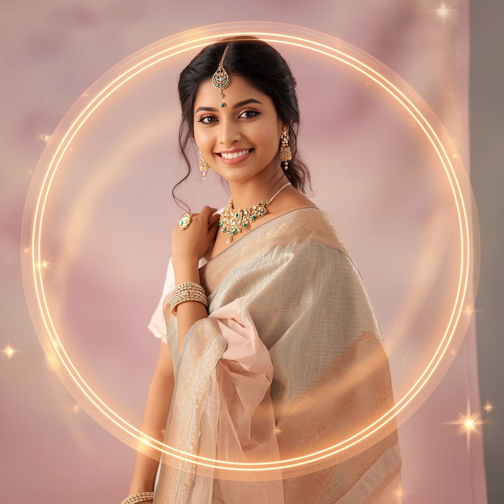 Celestial Pulse Halo Orbit Pastel Saree Indian Woman Premium Composition | Saree Photo Ai Prompt