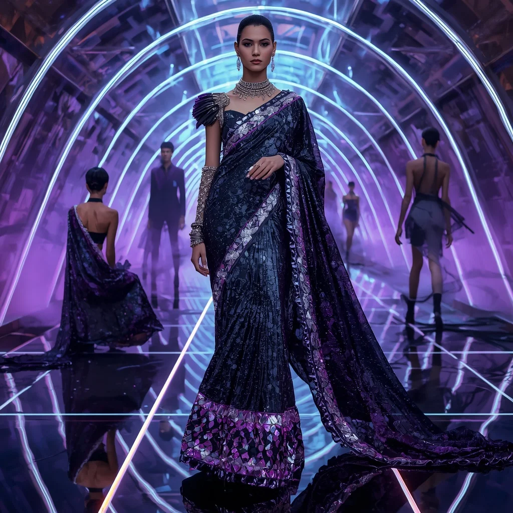 Celestial Raven Royale Saree with Floating Infinity Neon Pyramid Hall | Prompt Seen Trending Girl 2026 Butterfly