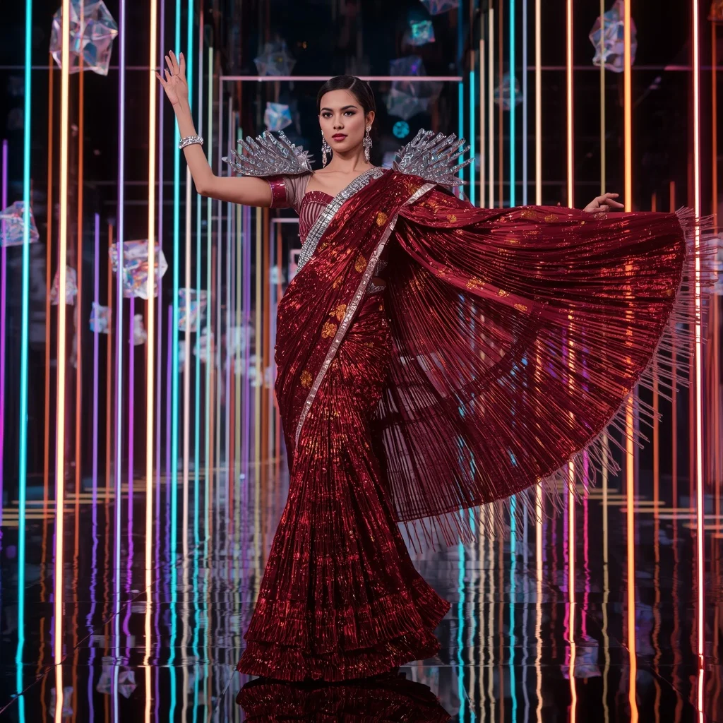 Celestial Ruby Empress Saree with Floating Neon Prism Gateway | Prompt For Girls Trending