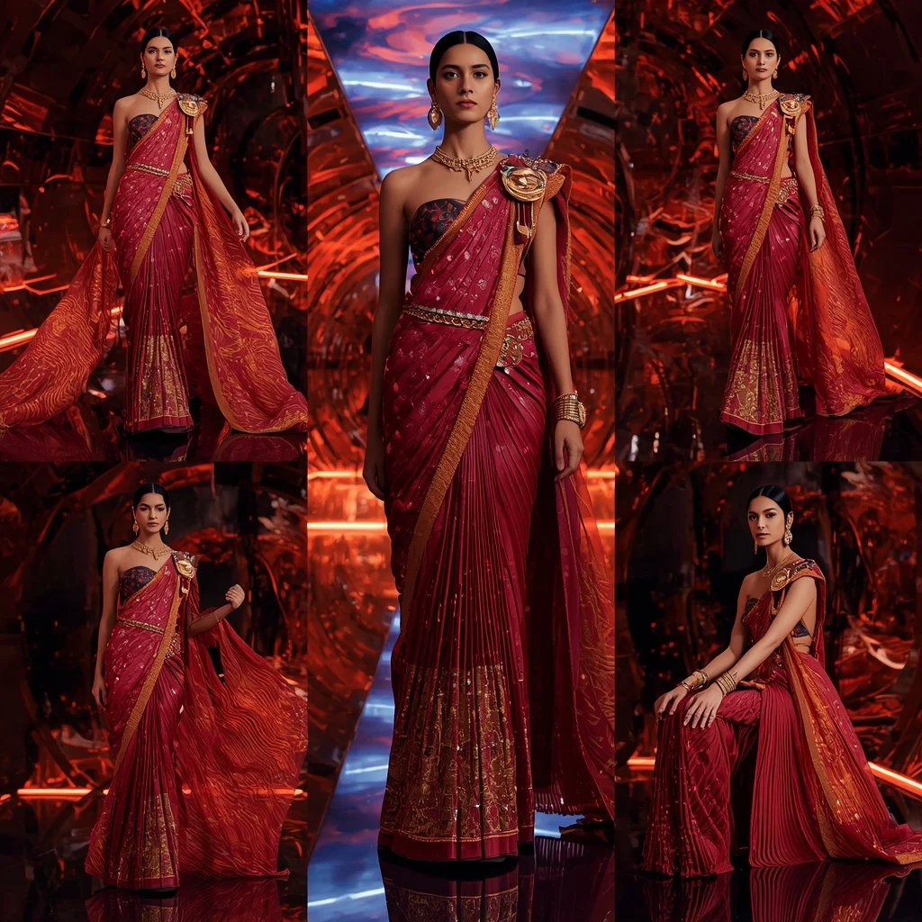 Celestial Ruby Inferno Saree with Floating Infinity Prism Temple | Pre Wedding Ai Prompt