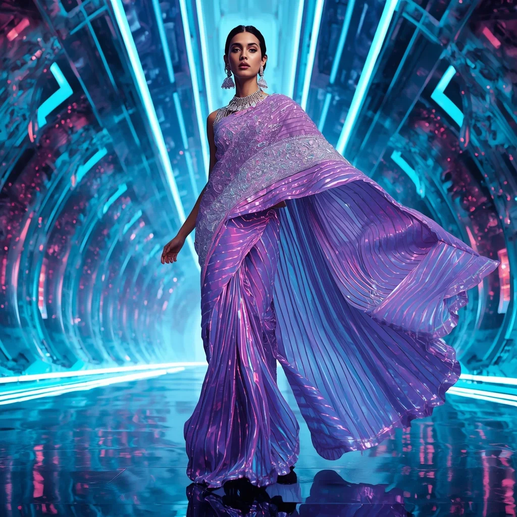 Celestial Thunder Mirage Saree with Futuristic Aurora Citadel | Ai Video Generator Prompt