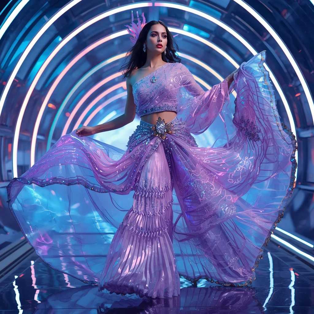 Celestial Thunder Mirage Saree with Futuristic Aurora Empire | Copy Paste Ai Prompt