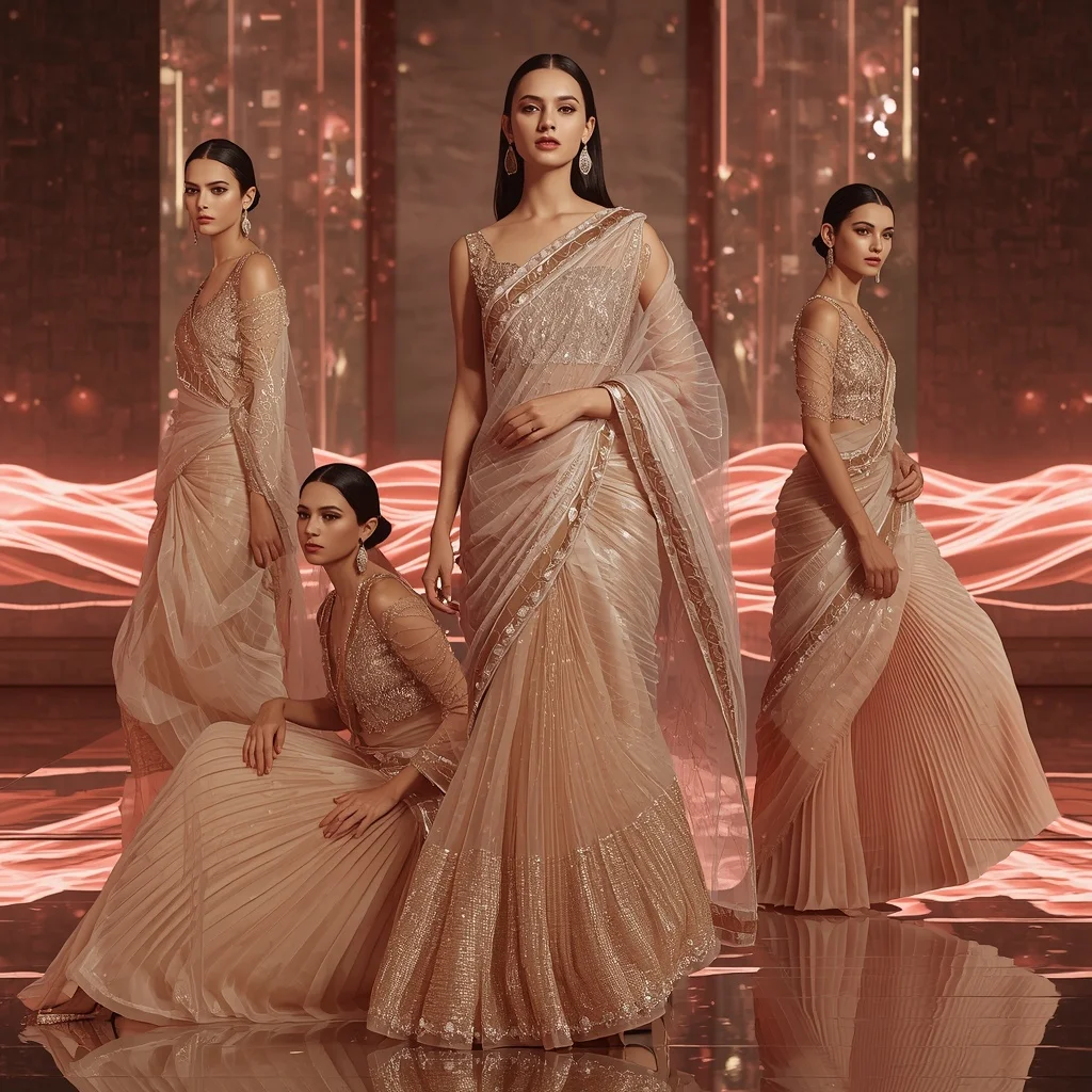 Champagne Aurora Crystal Saree with Floating Infinity Waves | Influencers Ai Prompt