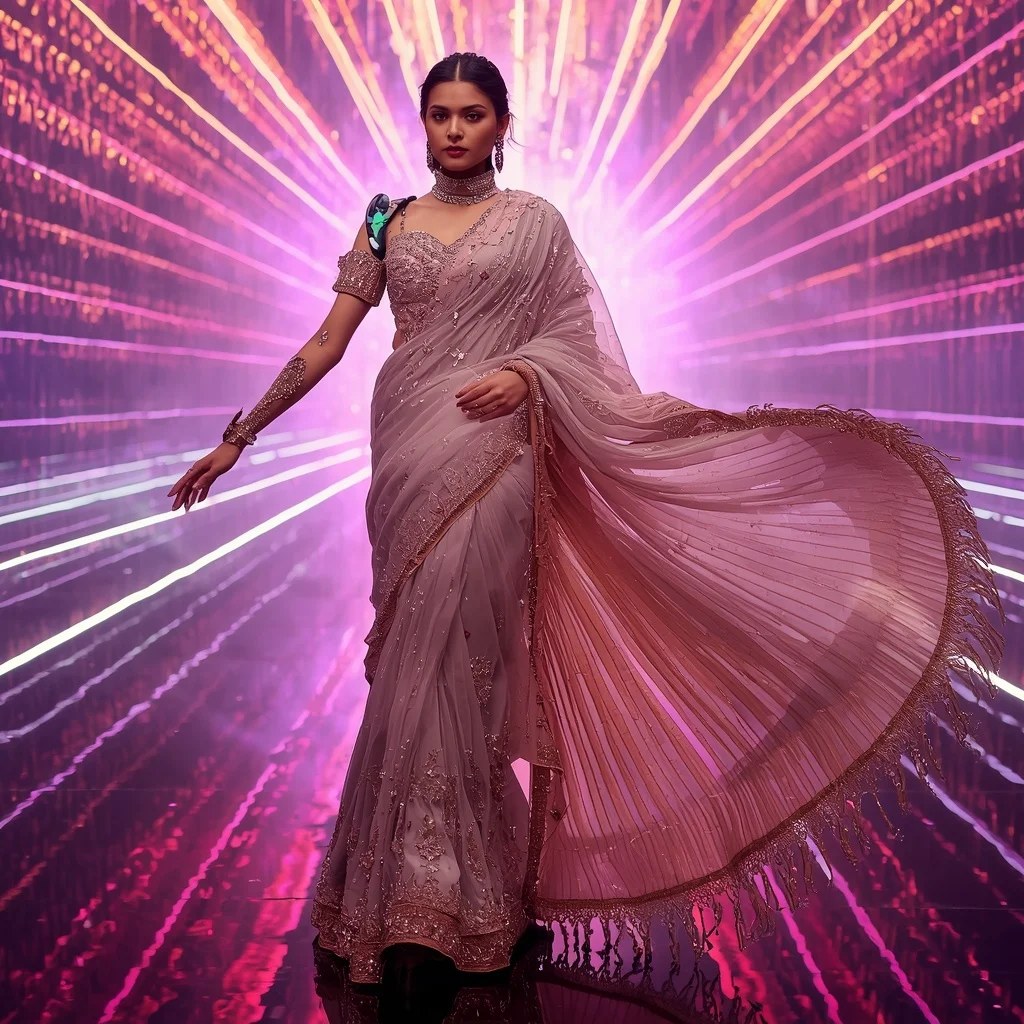 Champagne Aurora Crystal Saree with Floating Laser Infinity Kingdom | Woman Pose Ai Prompt