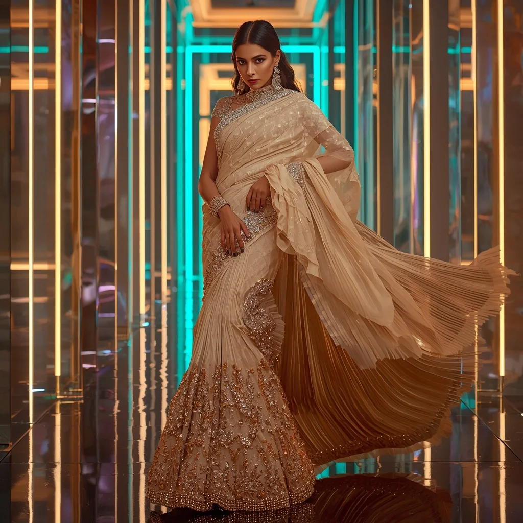 Champagne Aurora Crystal Saree with Floating Prism Palace | Gemini Ai Photo Prompt Copy Paste