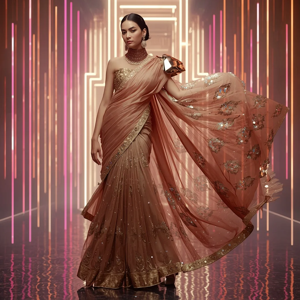 Champagne Aurora Flame Saree with Floating Laser Fortress | Instagram Girl Gemini Prompt