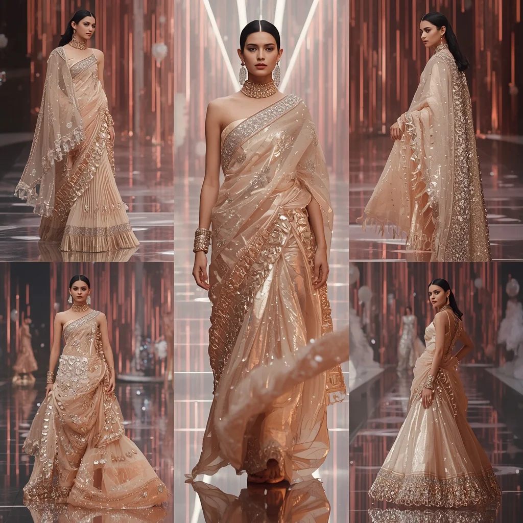 Champagne Aurora Mirage Saree with Floating Infinity Crystal Corridors | Viral Instagram Ai Prompt