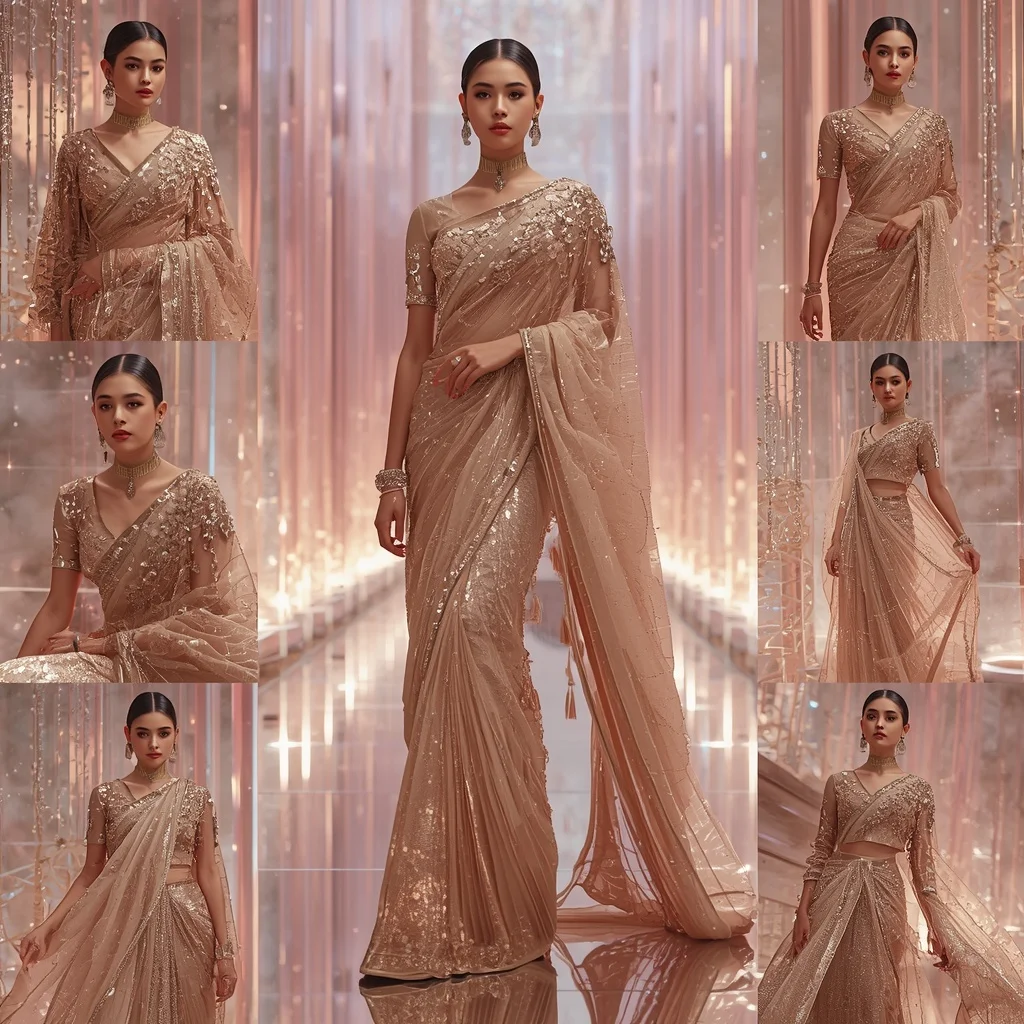 Champagne Aurora Mirage Saree with Floating Infinity Crystal Galaxy Hall | Gemini Photo Editing Prompt