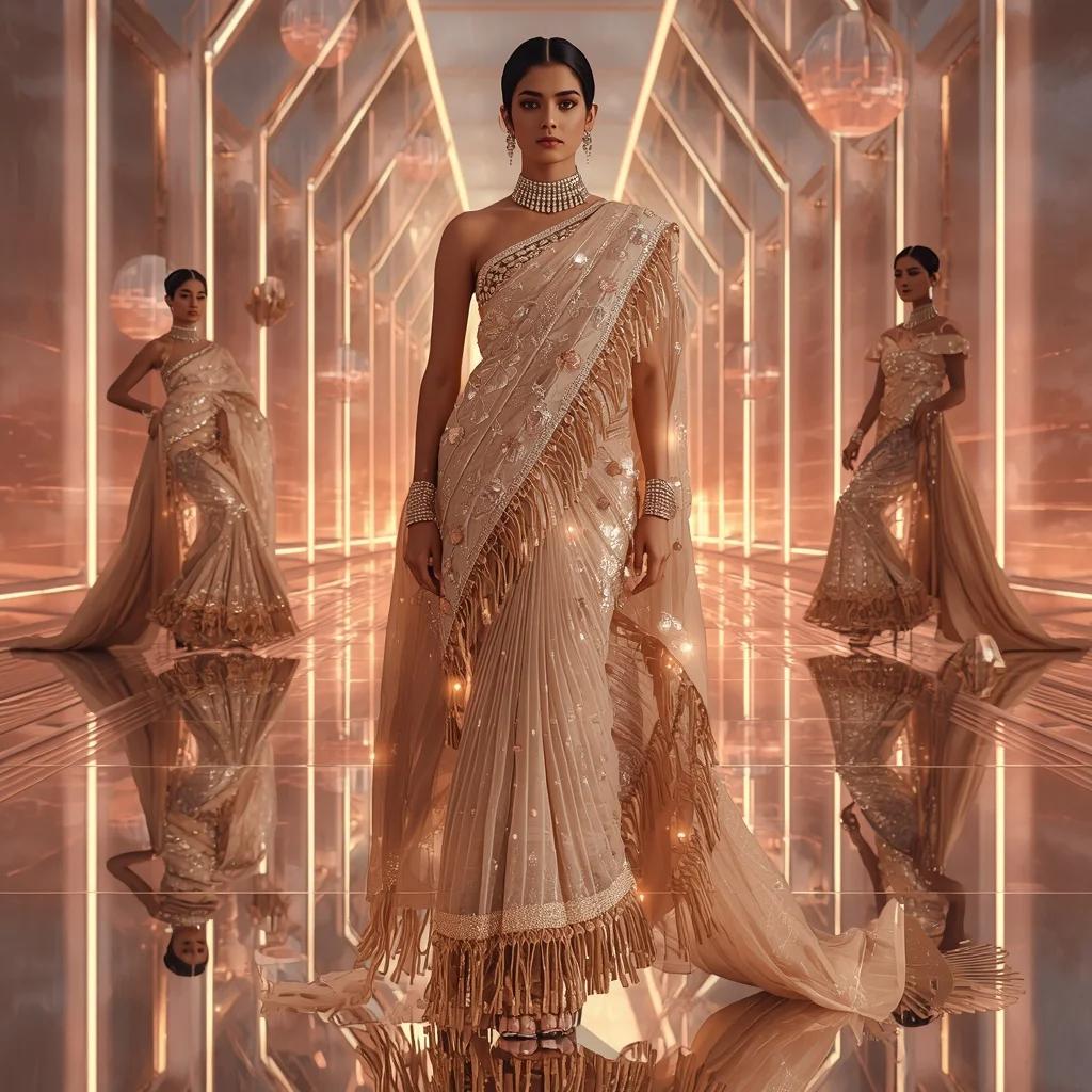 Champagne Aurora Mirage Saree with Floating Infinity Crystal Orbit Temple | Instagram Highlight Cover Ai Prompt