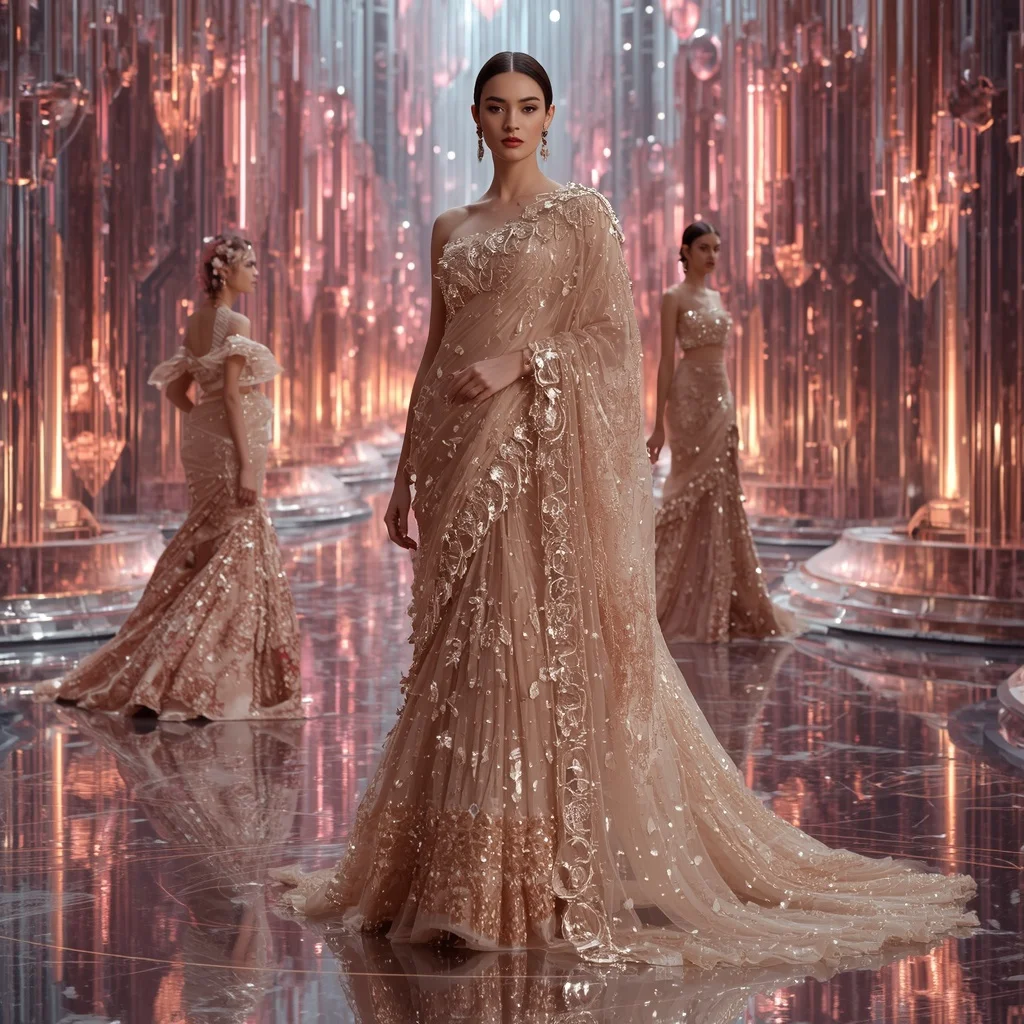 Champagne Aurora Mirage Saree with Floating Infinity Crystal Palace | Prompt Gemini Ai
