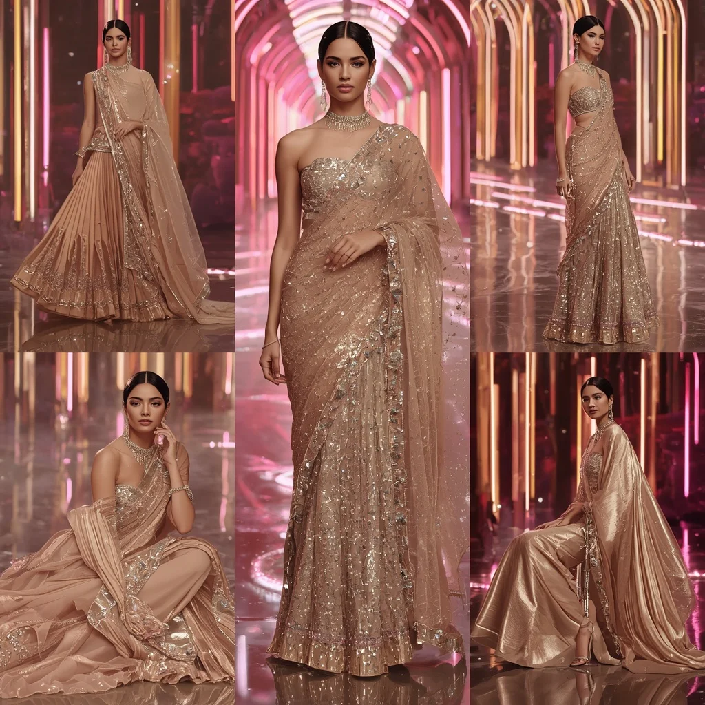 Champagne Aurora Mirage Saree with Floating Infinity Neon Crystal Rivers | Romantic Ai Prompt