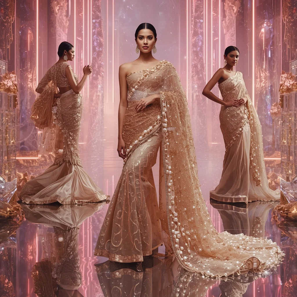 Champagne Aurora Mirage Saree with Floating Infinity Neon Crystal Rivers | Prompt Seen Trending Girl