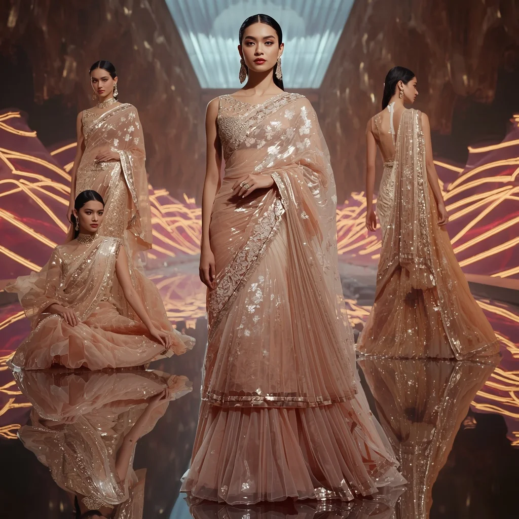 Champagne Aurora Mirage Saree with Floating Infinity Waves | Image Prompt
