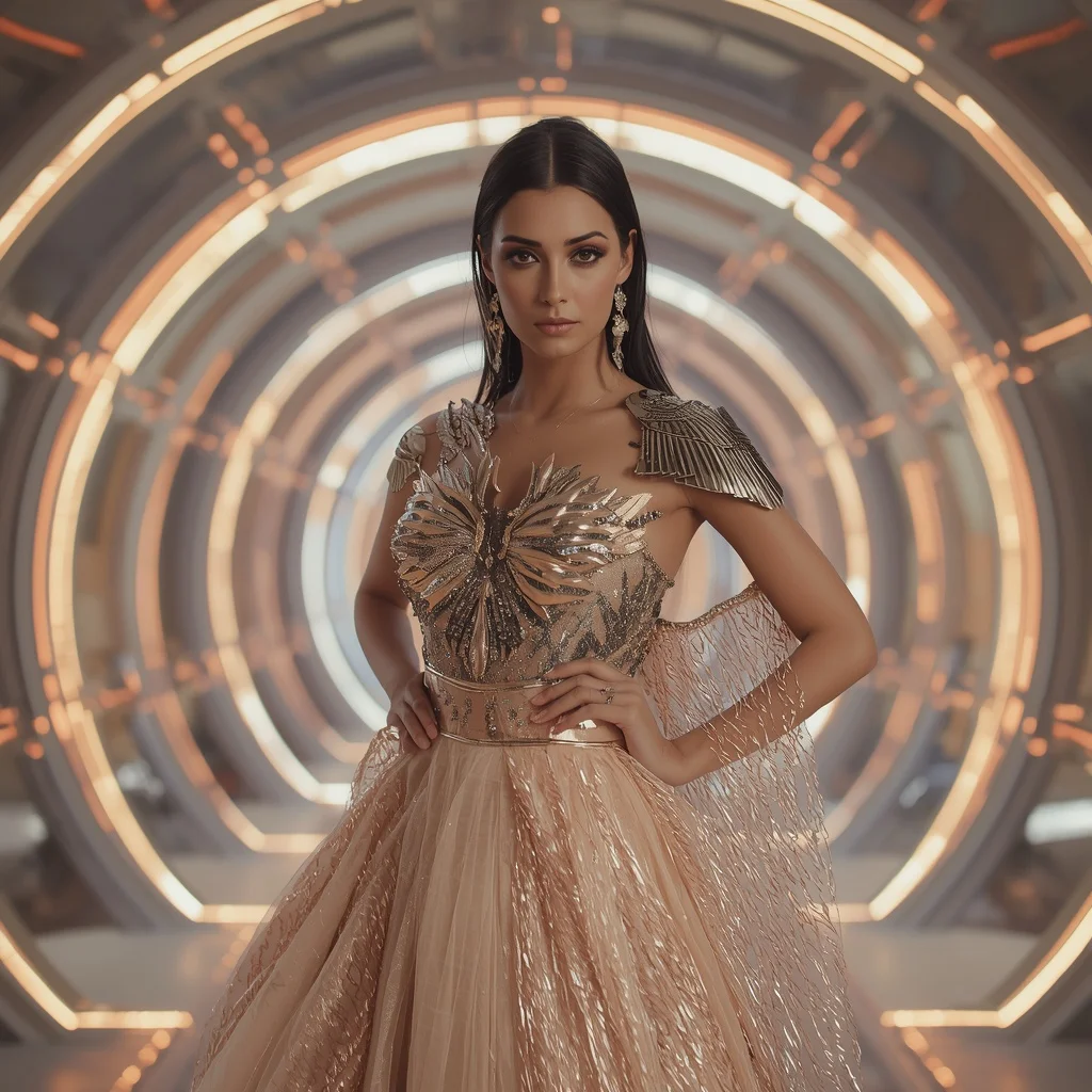 Champagne Aurora Prism Armor Saree with Floating Infinity Sphere Light Dome Nexus Quantum Core Reactor System | Prompt For Traditional Look For Girl ChatGPT