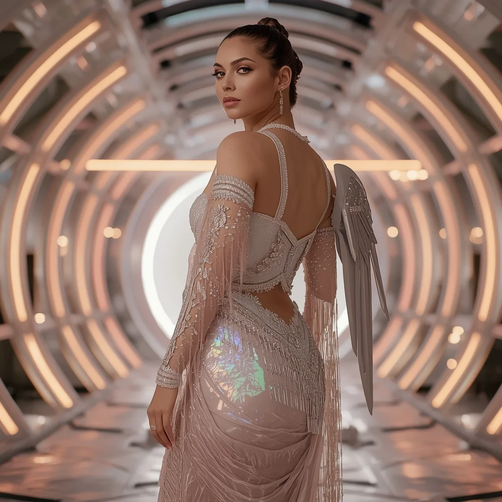 Champagne Aurora Prism Quantum Armor Saree with Floating Infinity Sphere Light Dome Nexus Core Reactor System | Makeup Ai Prompt
