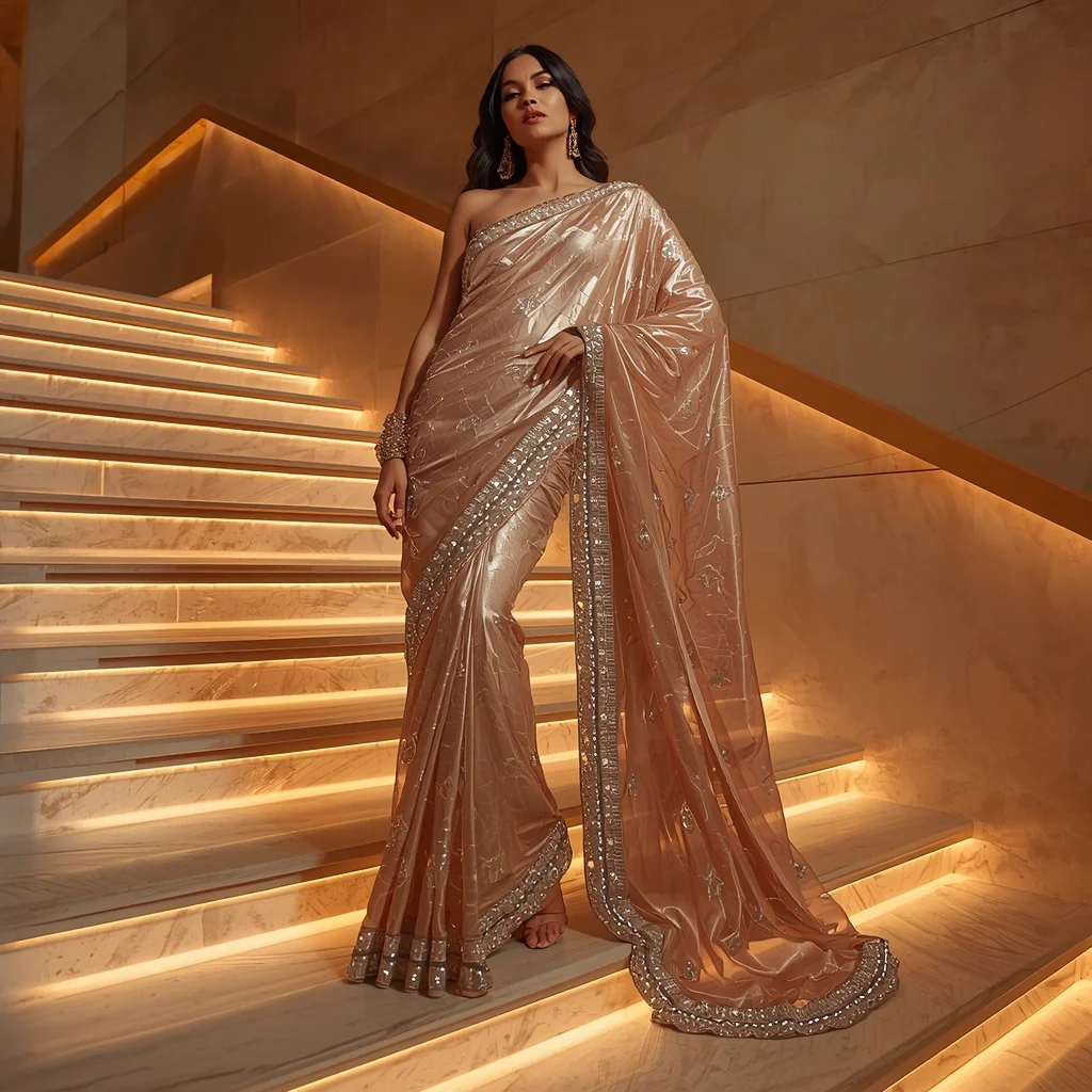 Champagne Crystal and Bronze Saree with Glowing Curved Steps