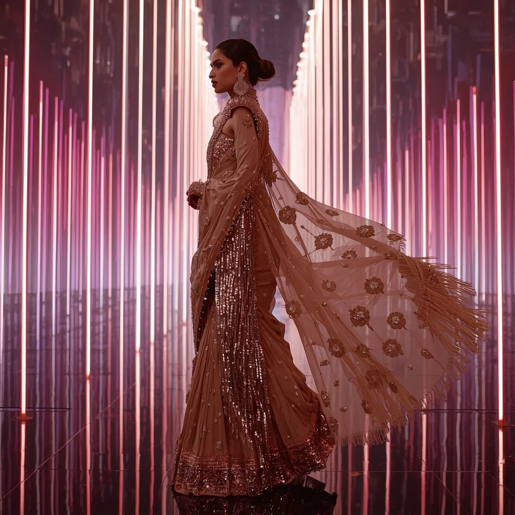 Champagne Crystal Aurora Saree with Floating Laser Infinity Cathedral | Chatgpt Prompt