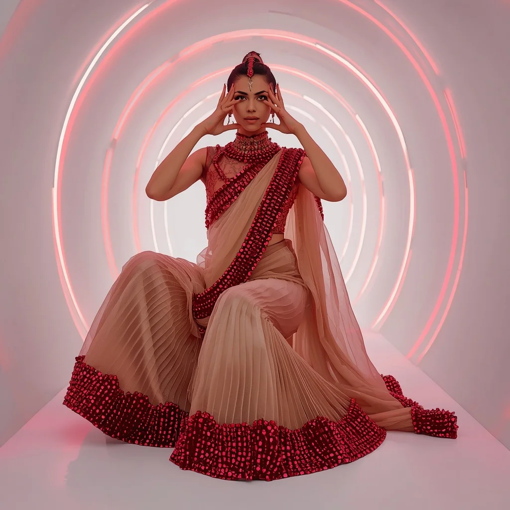 Champagne Mesh and Ruby Crystal Armor Saree with Ribbon Light Corridor | Prompt For Traditional Look For Couple