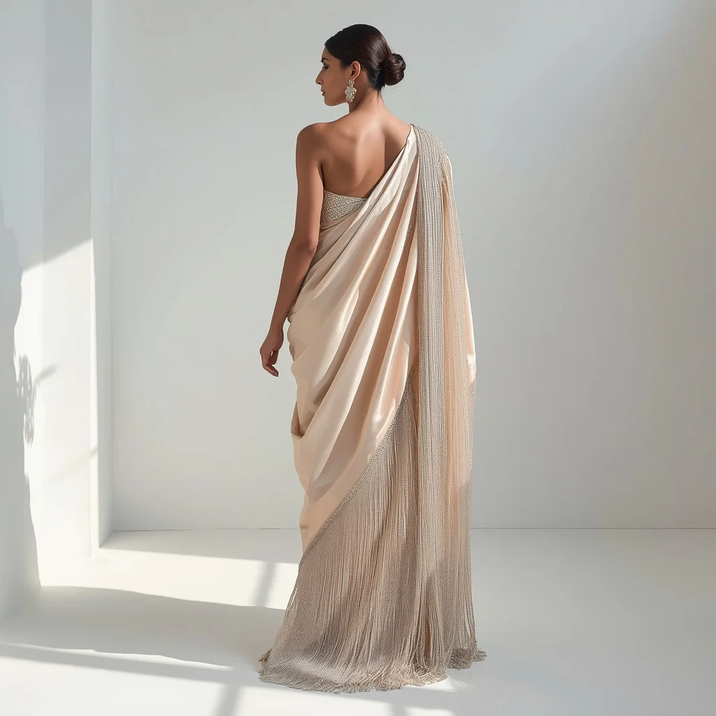 Champagne Satin with Heavy Crystal Mesh Overlay Saree | Looking Over Shoulder Pose | Google Prompt
