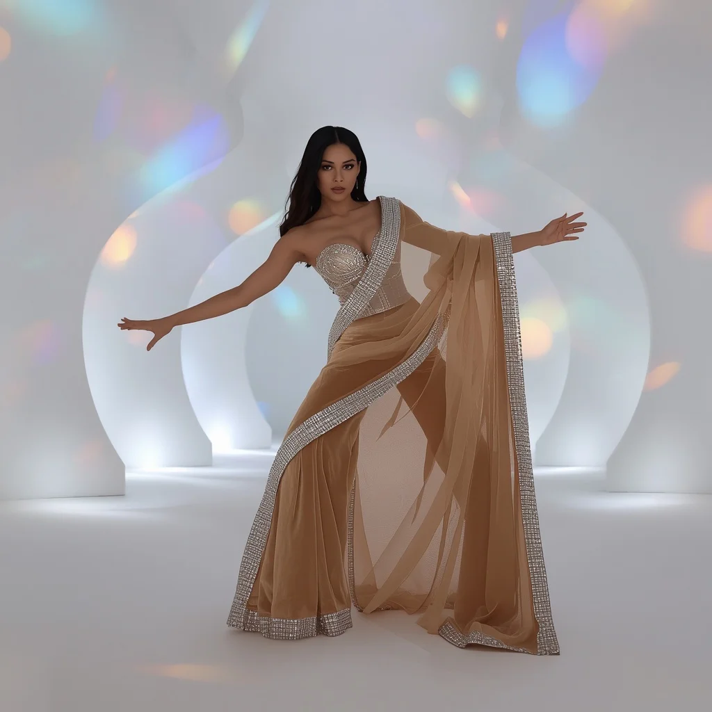 Champagne Velvet Saree with Massive Crystal Corset and Dramatic Drape | Trending Girl Photo Prompt