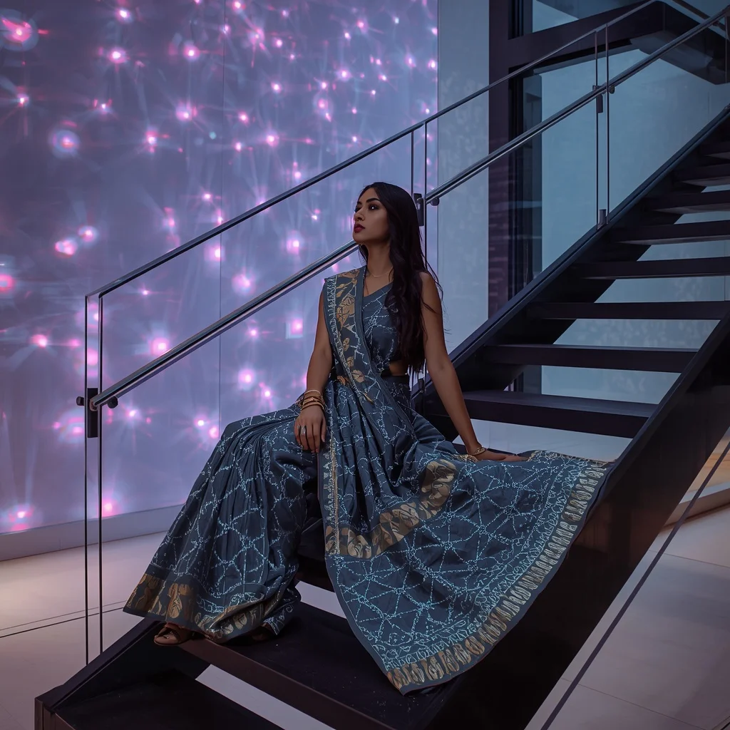 Charcoal Grey Silk Saree with Electroluminescent Geometric Patterns