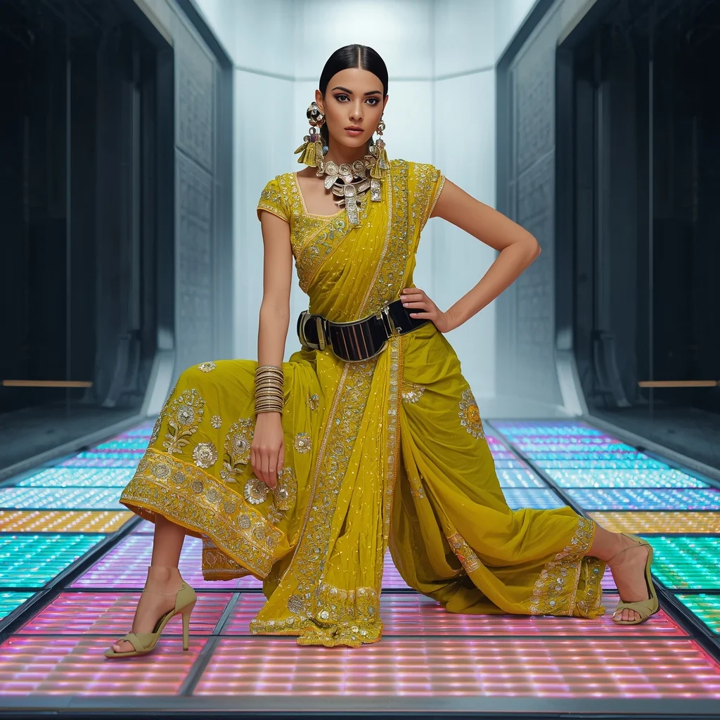 Chartreuse Yellow Heavy Gota Patti Saree with Metallic Belt | Instagram Profile Pic Ai Prompt