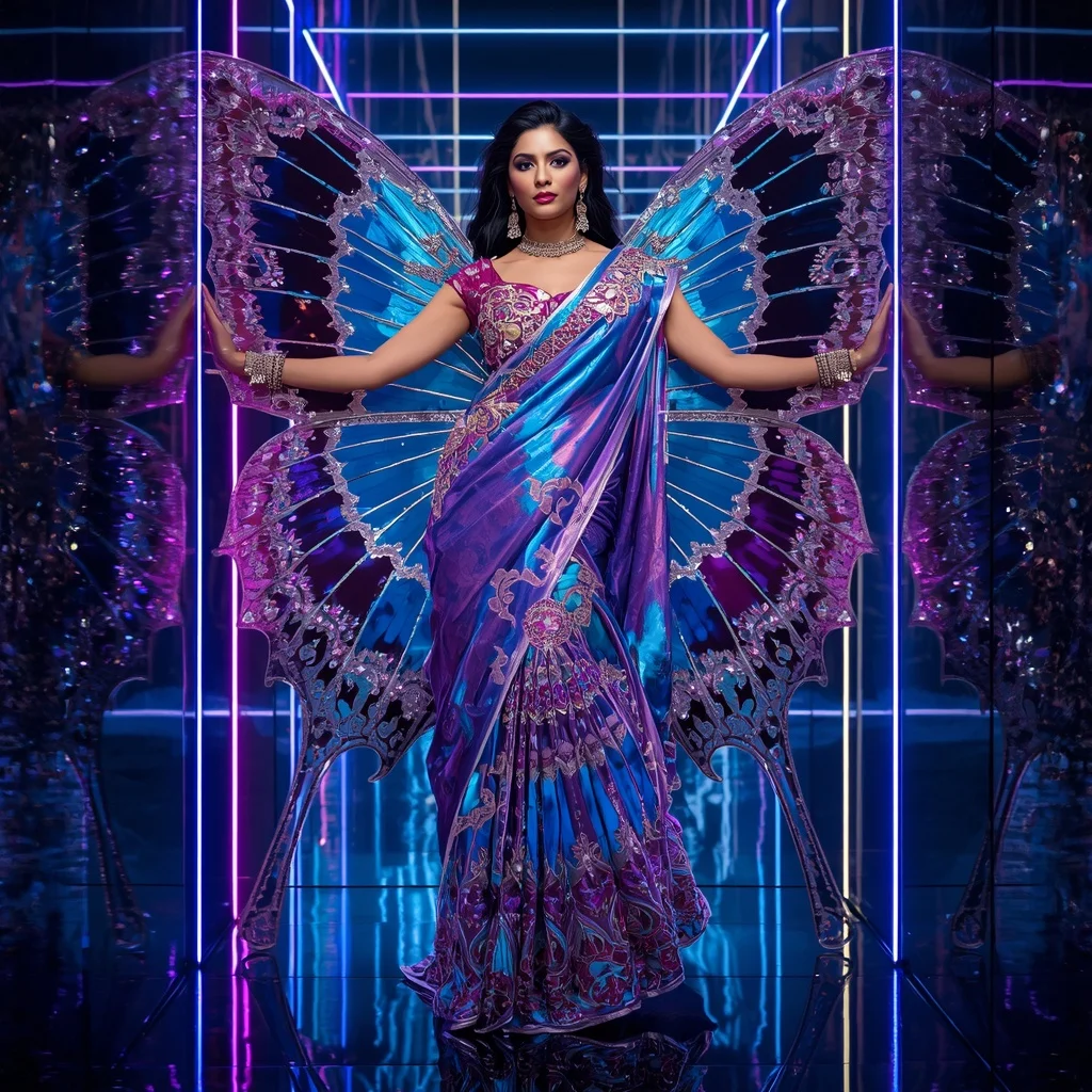 Chrome Butterfly Diamond Cathedral Saree with Neon Universe Kingdom | Female Model Ai Prompt